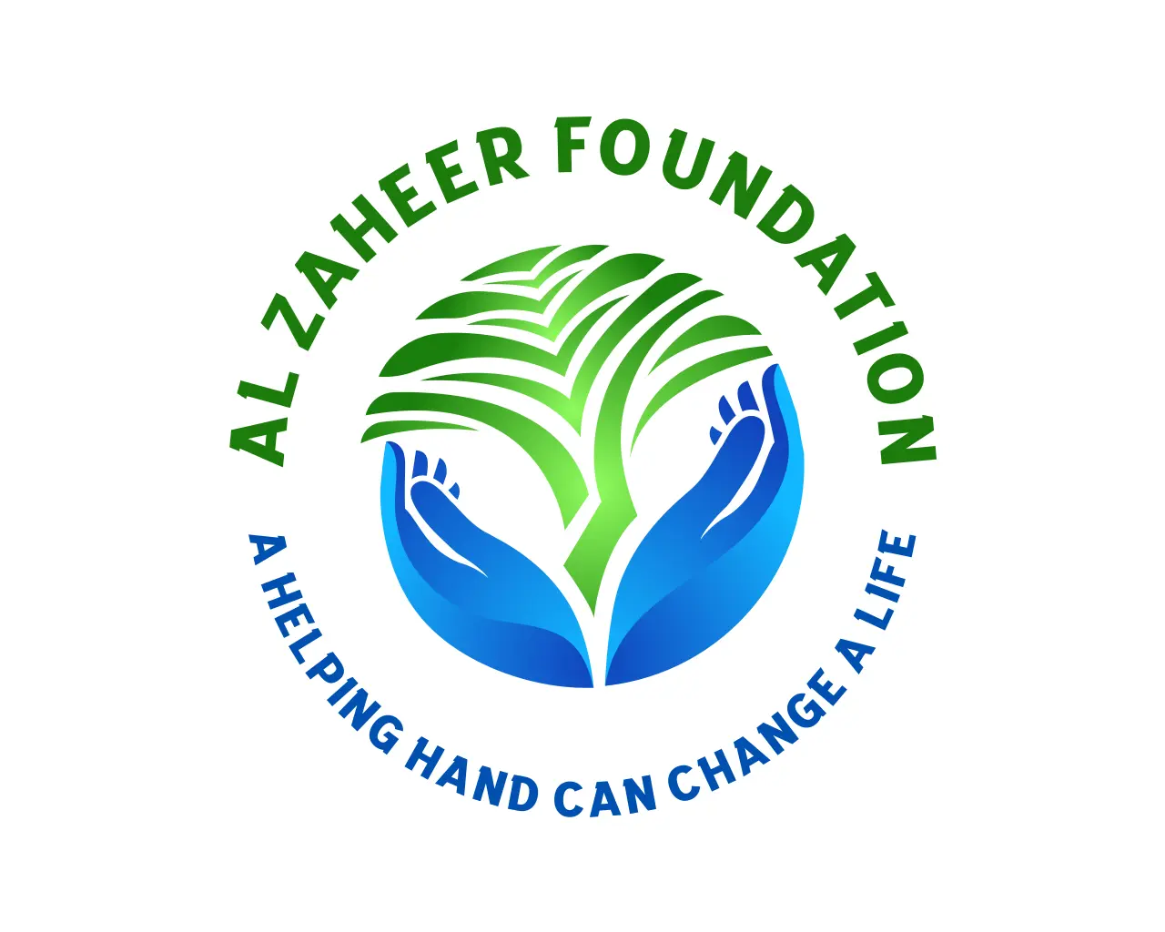 Al Zaheer Foundation logo showing two blue hands holding a green tree inside a circular design